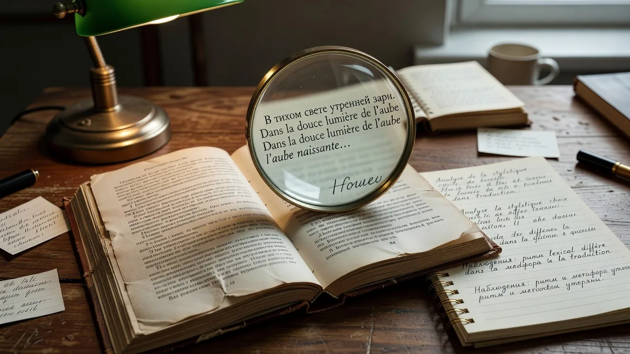 Loupe sur un texte bilingue russe-français, cahier de notes stylistiques, ambiance étude comparative de traductions