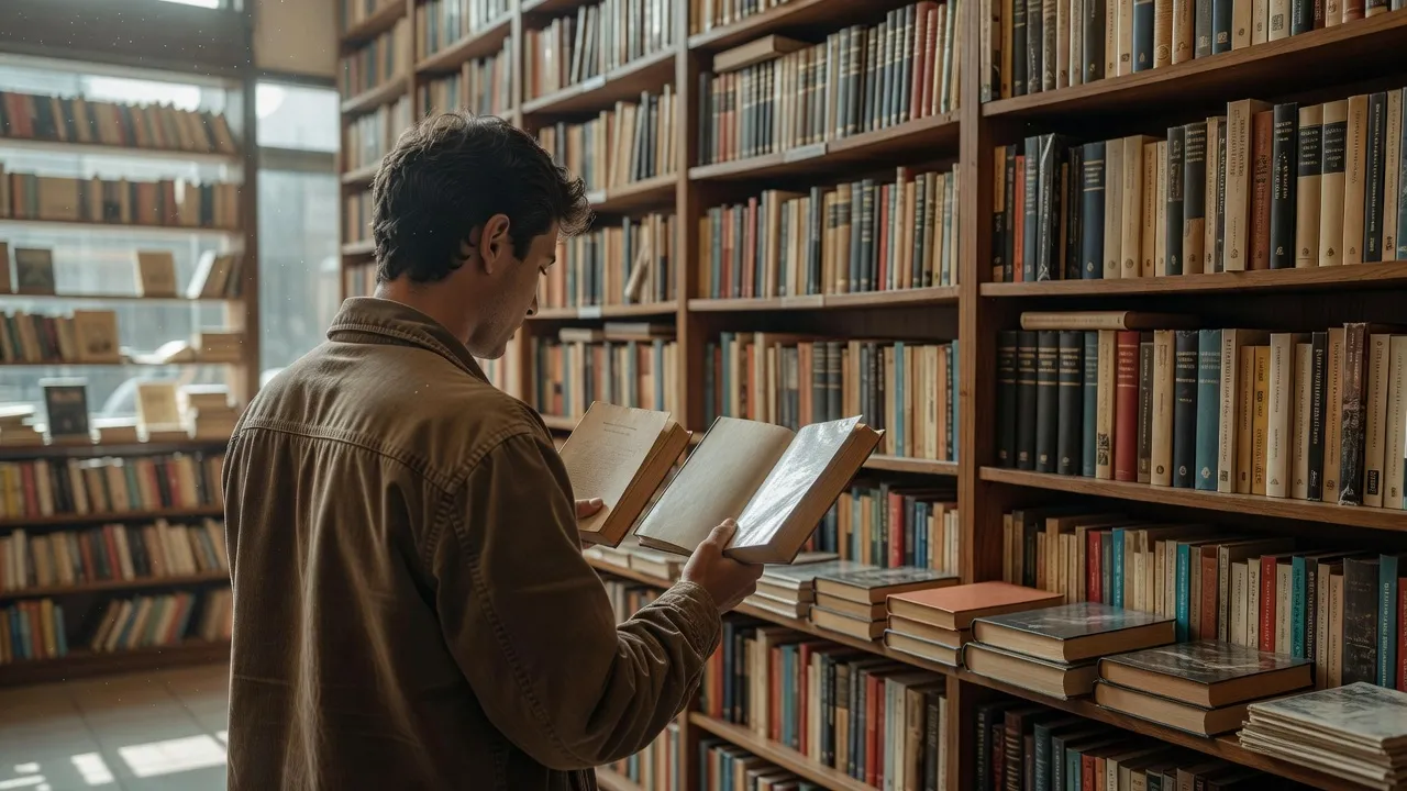 Personne en librairie comparant deux éditions du même roman, rayons garnis en arrière-plan, lumière naturelle filtrée