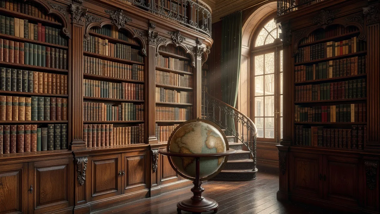 Ancienne librairie parisienne Belle Époque, rayonnages en bois, livres russes XIXe en français, lumière chaude filtrant par grande fenêtre
