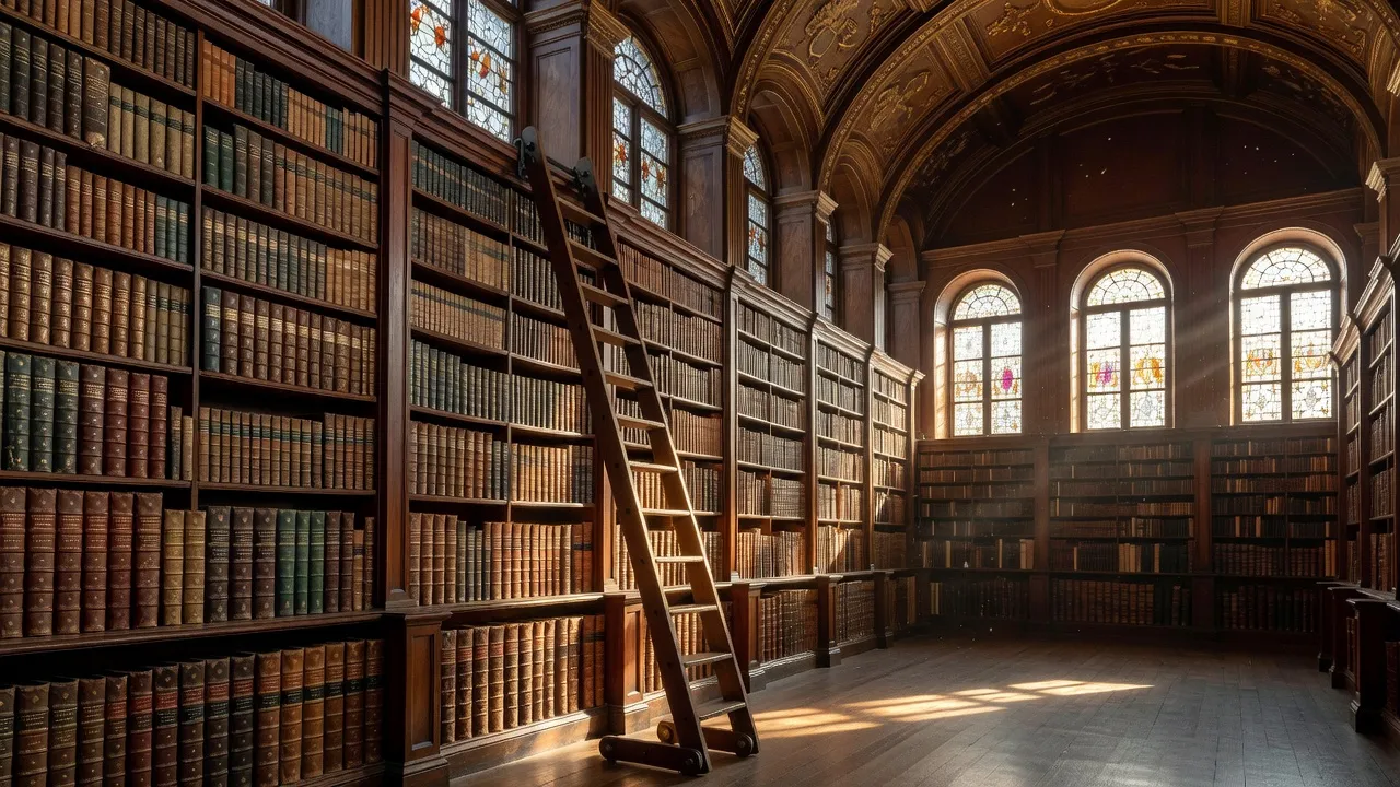 Grande bibliothèque nationale avec rayons du sol au plafond, lumière dorée traversant les fenêtres hautes, livres de différentes époques