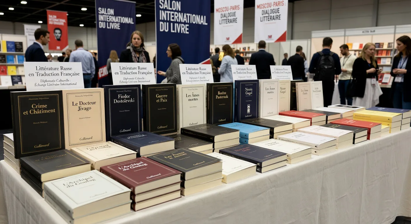 Salon du livre avec table de présentation de littérature russe traduite