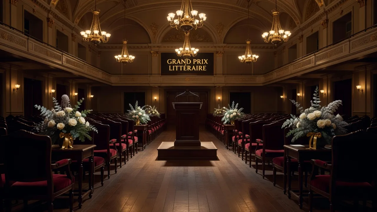 Cérémonie solennelle du Prix Nobel, chaises vides et pupitre, fleurs et lumière hivernale suédoise