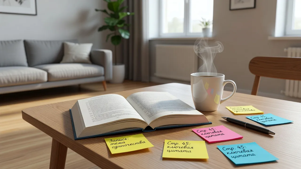 Table de lecteur avec roman russe contemporain ouvert, café, post-it de notes, ambiance appartement moderne et contemporain