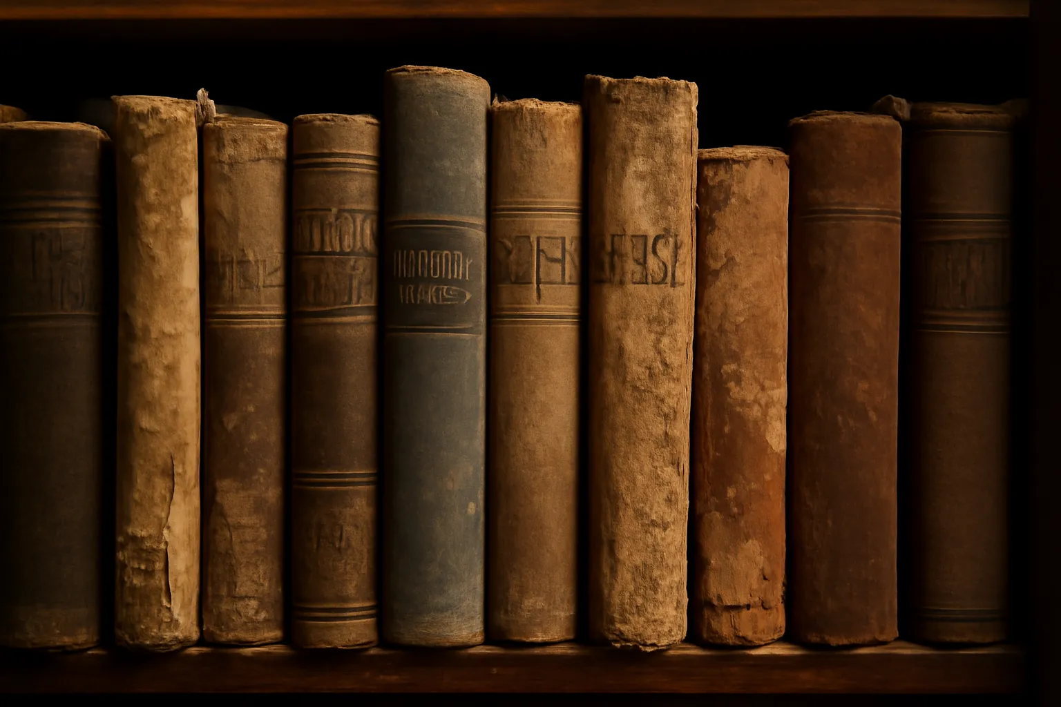 Rayonnages de livres russes anciens dans une bibliothèque parisienne, reliures usées
