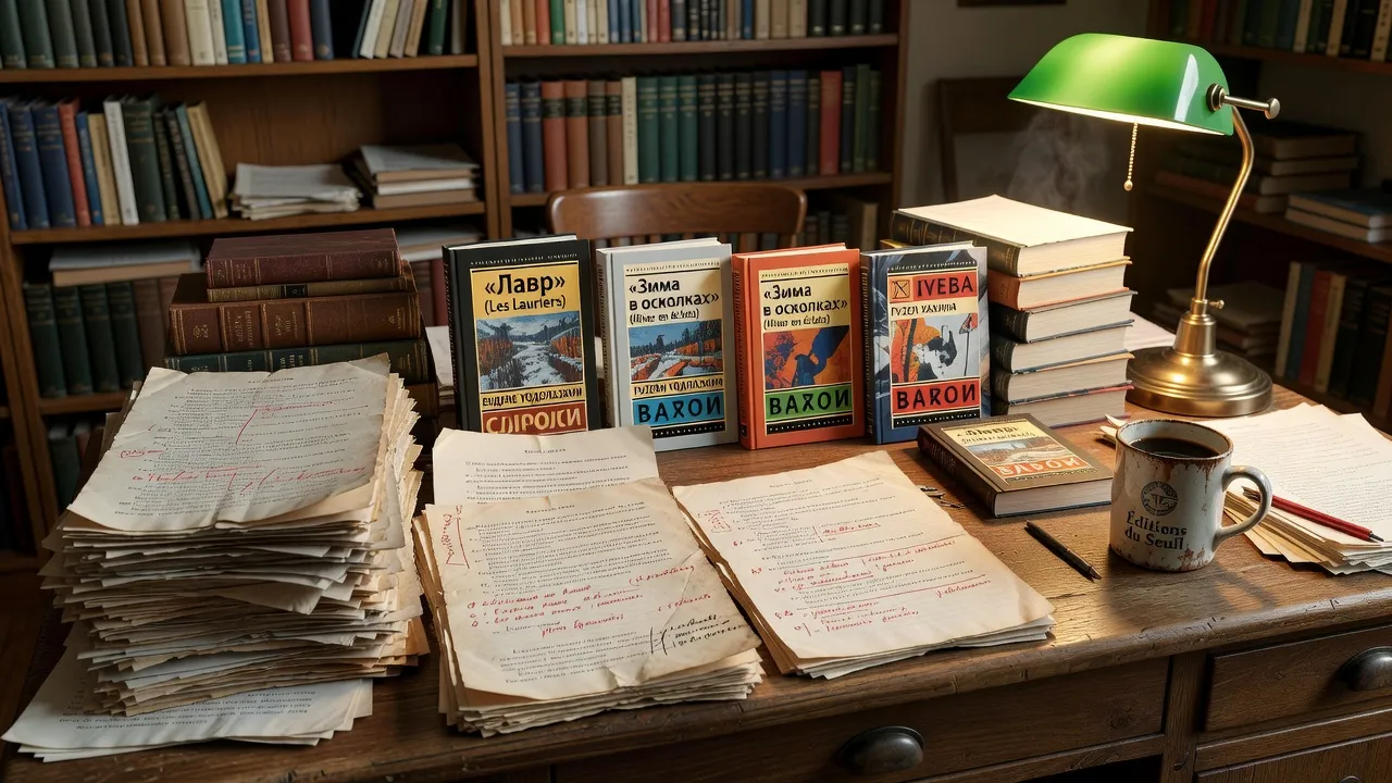 Couverture d'un roman russe traduit par les Éditions La Barque, texte slave visible sur fond sombre