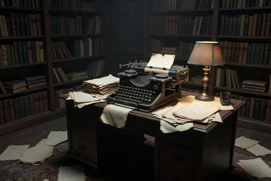 Manuscrit et machine à écrire évoquant la Russie des années 1920, lumière tamisée