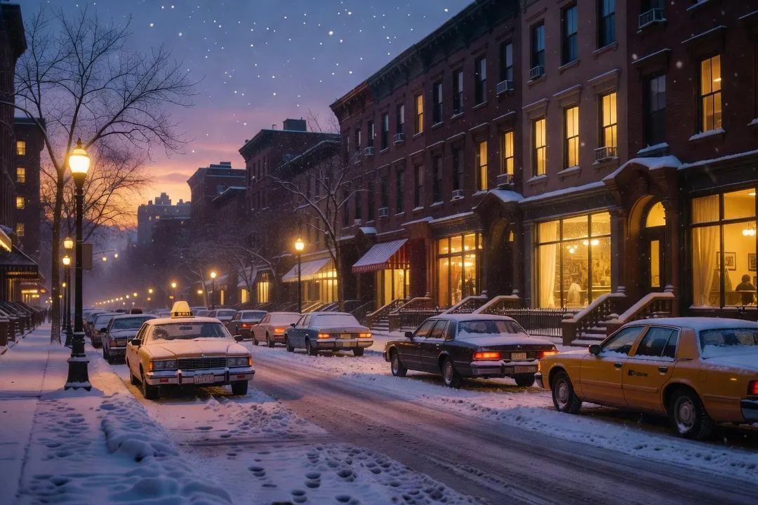Rue de New York enneigée dans les années 1980, ambiance de vie d'émigré