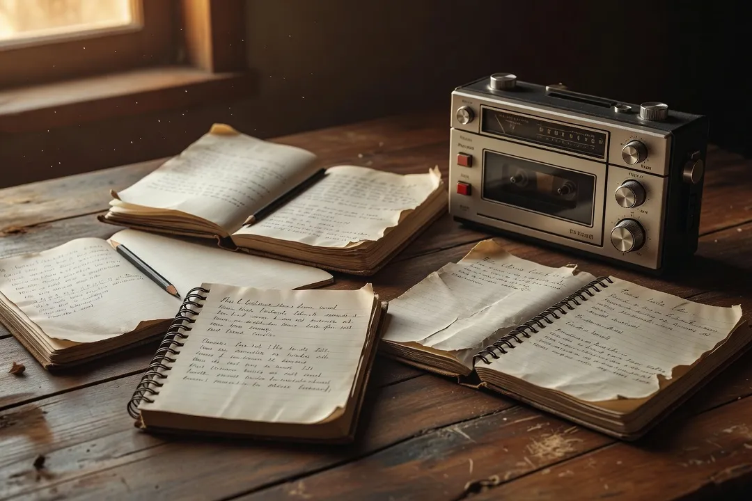 Carnets et enregistreur de journaliste posés sur une table, évoquant le travail d'entretien documentaire