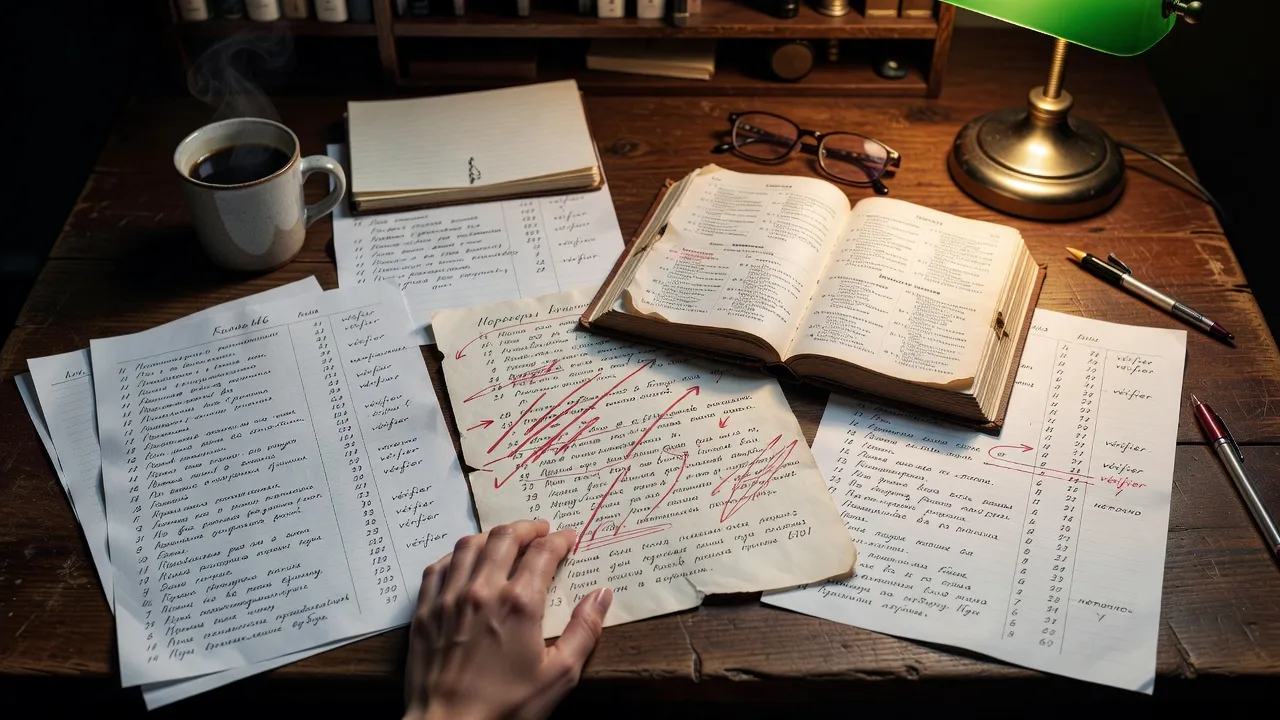 Bureau de traductrice avec textes russes et dictionnaires ouverts
