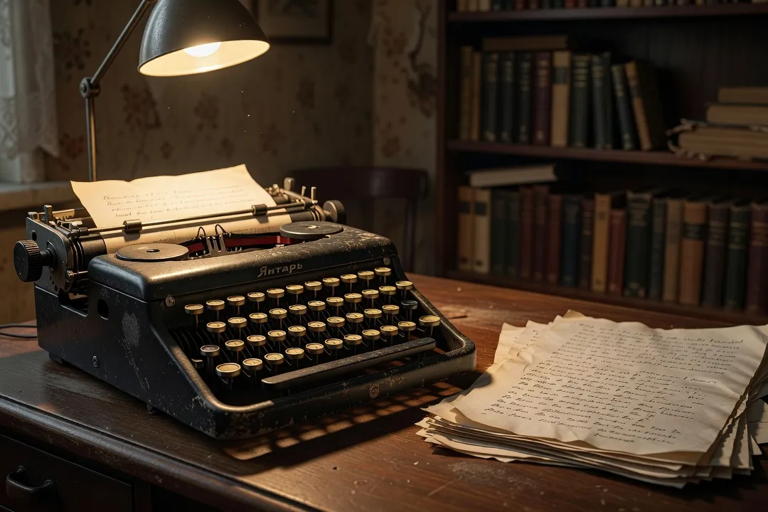 Machine à écrire ancienne et pages manuscrites, atmosphère soviétique des années 1960