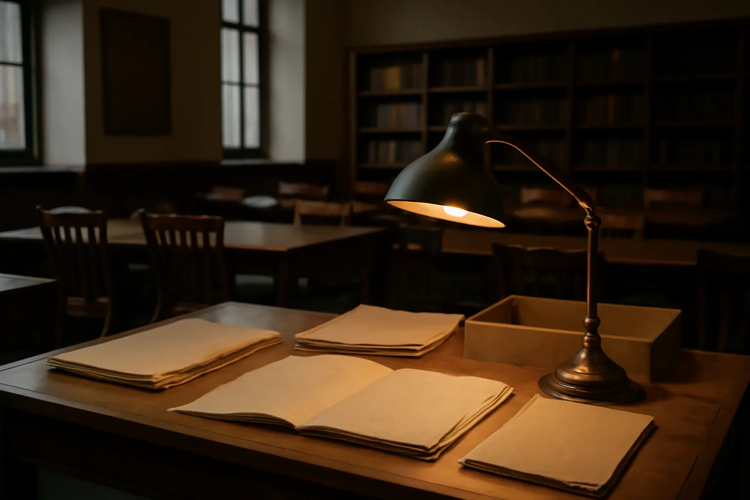 Salle de lecture universitaire calme avec documents d'archives et lampes de bureau