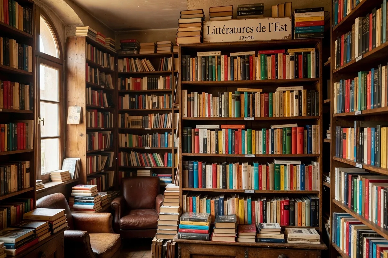 Rayonnage de librairie indépendante lyonnaise avec des titres de littérature de l'Est, lumineux et chaleureux