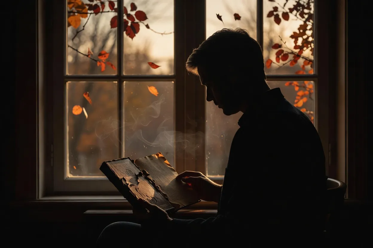 Silhouette lisant un livre ancien près d'une fenêtre, atmosphère automnale et pensive