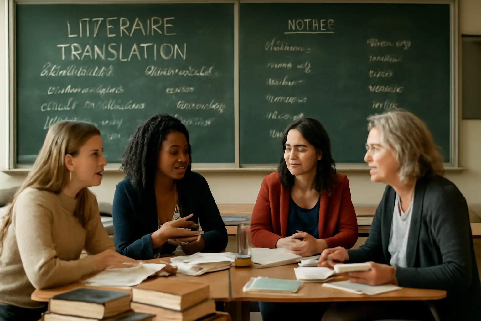 Femme traductrice travaillant sur un manuscrit ancien avec dictionnaires