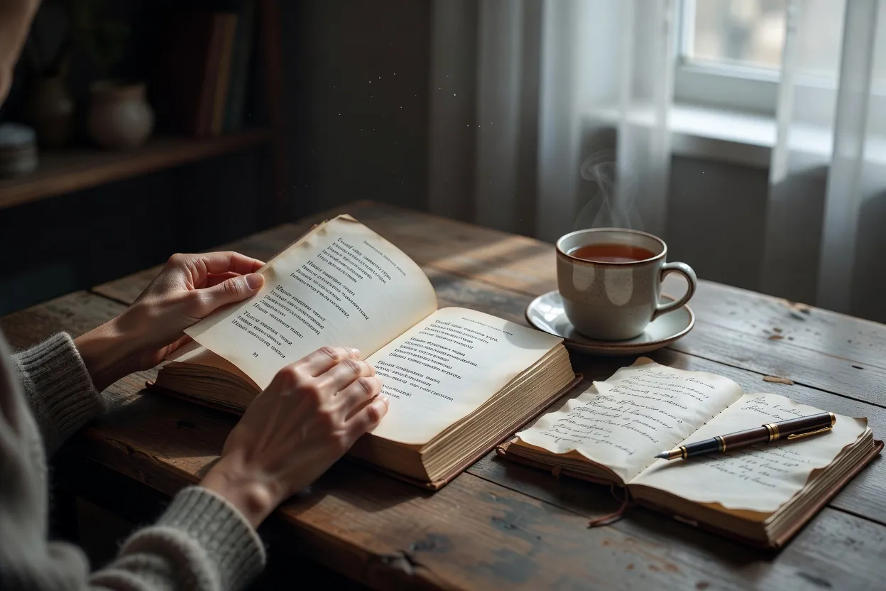 Mains feuilletant un recueil de poésie contemporaine russe sur une table