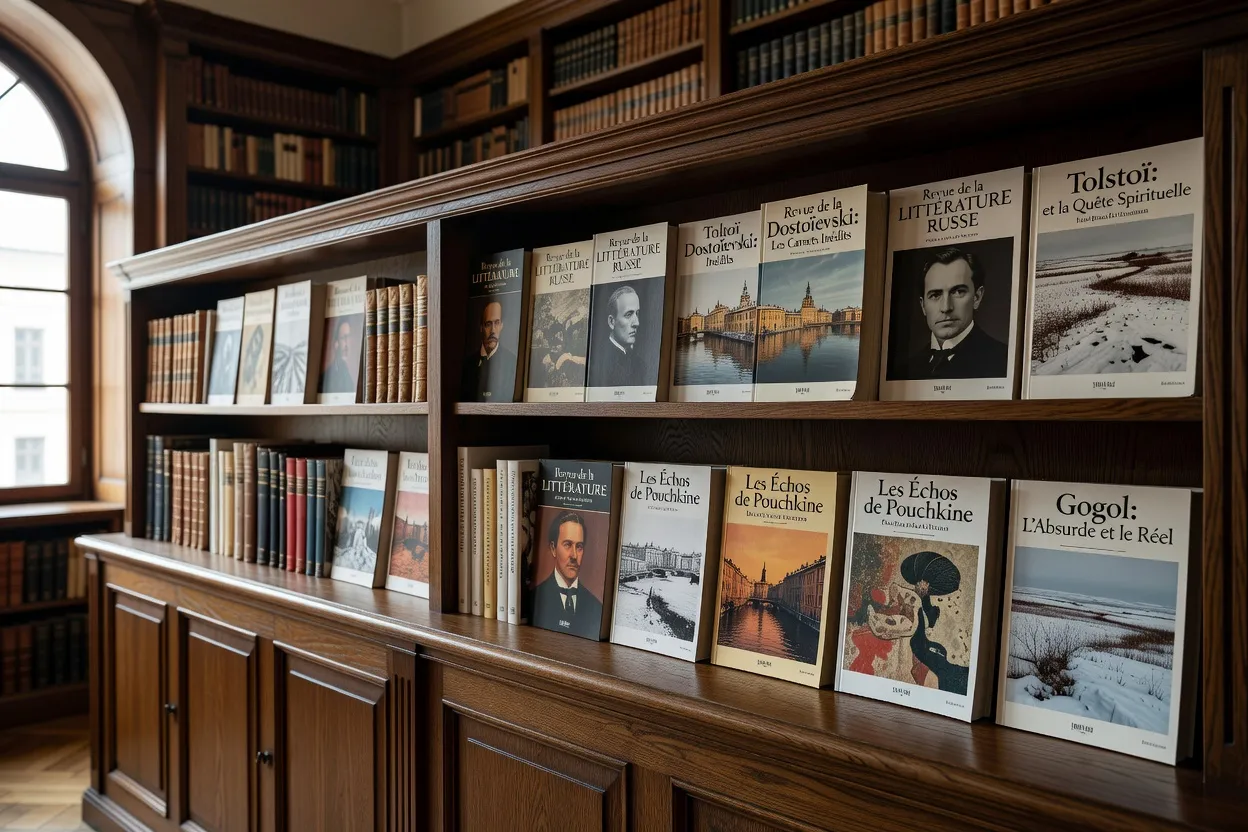 Pile de revues littéraires spécialisées sur un bureau d'université