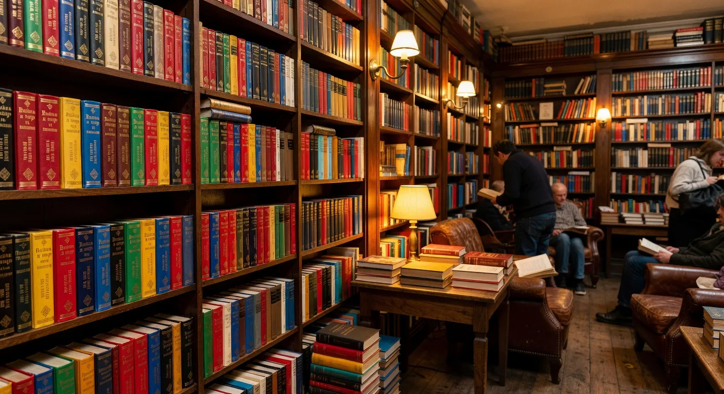 Rayons de livres russes dans une librairie parisienne spécialisée