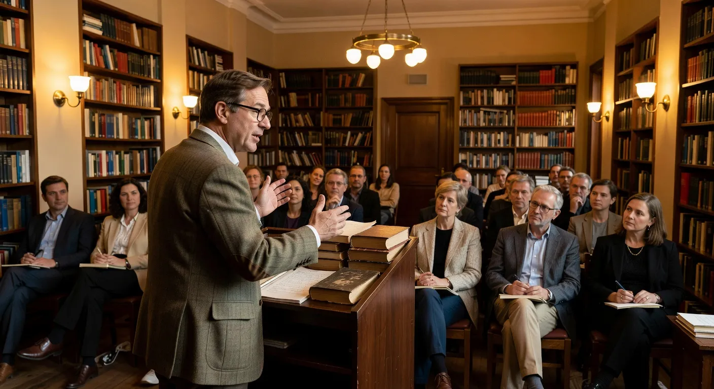 Salle de conférence littéraire, intervenante à un pupitre, ambiance académique