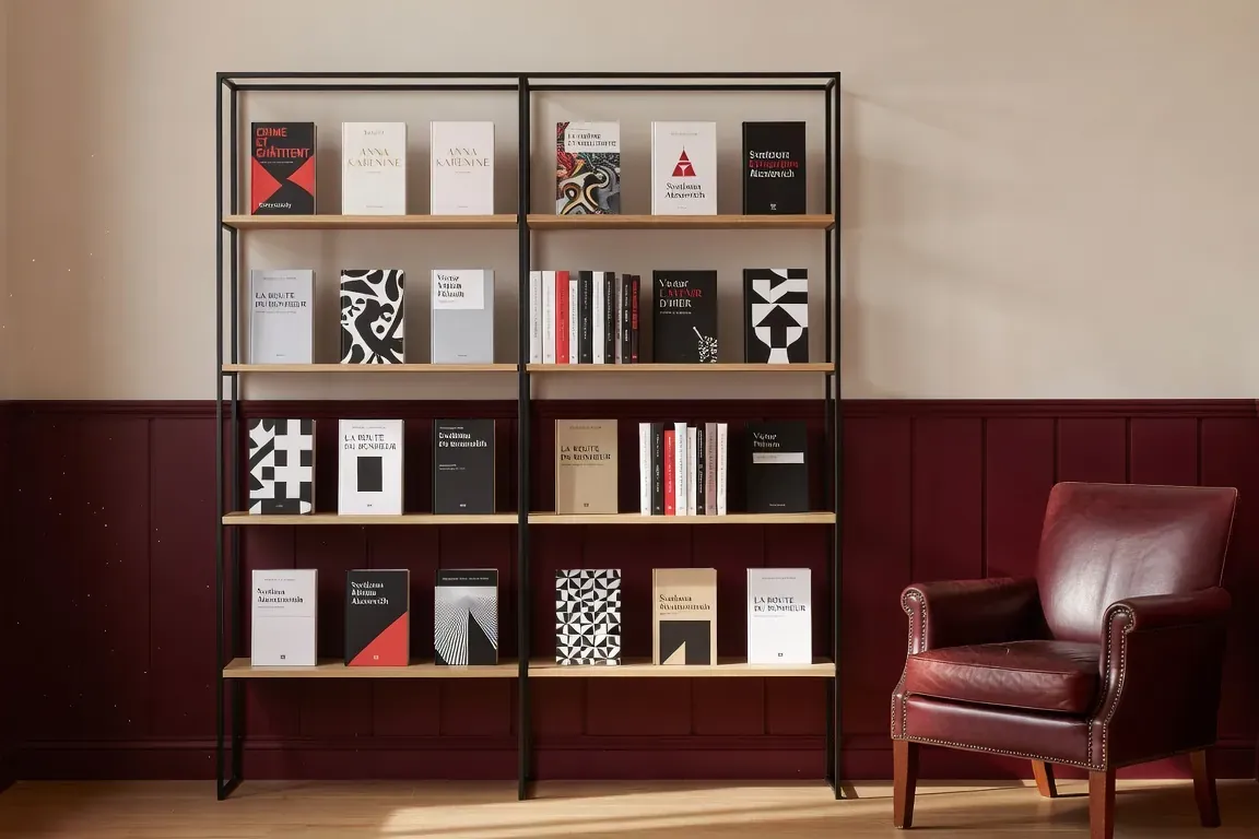 Page de roman russe contemporain ouverte sur une table de lecture, lampe et carnet