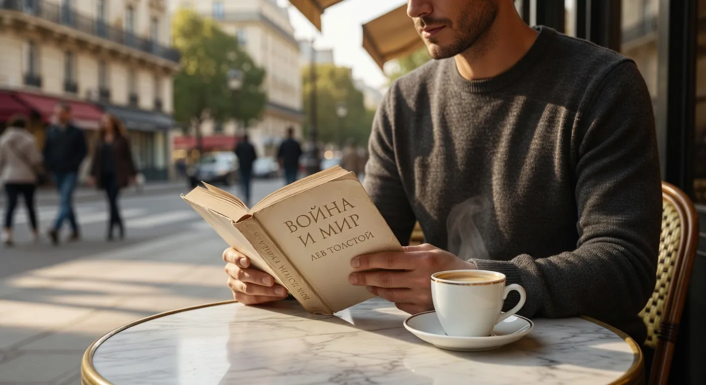 Lectrice plongée dans un roman russe dans un café parisien