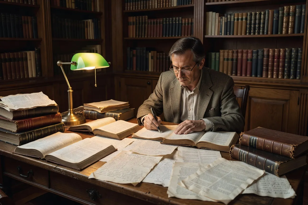 Traducteur littéraire au travail, entouré de dictionnaires et de manuscrits