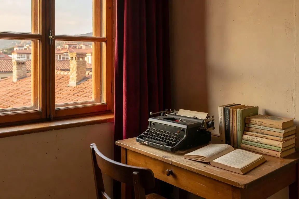 Bureau d'écrivain en exil avec manuscrits, café et livres en russe