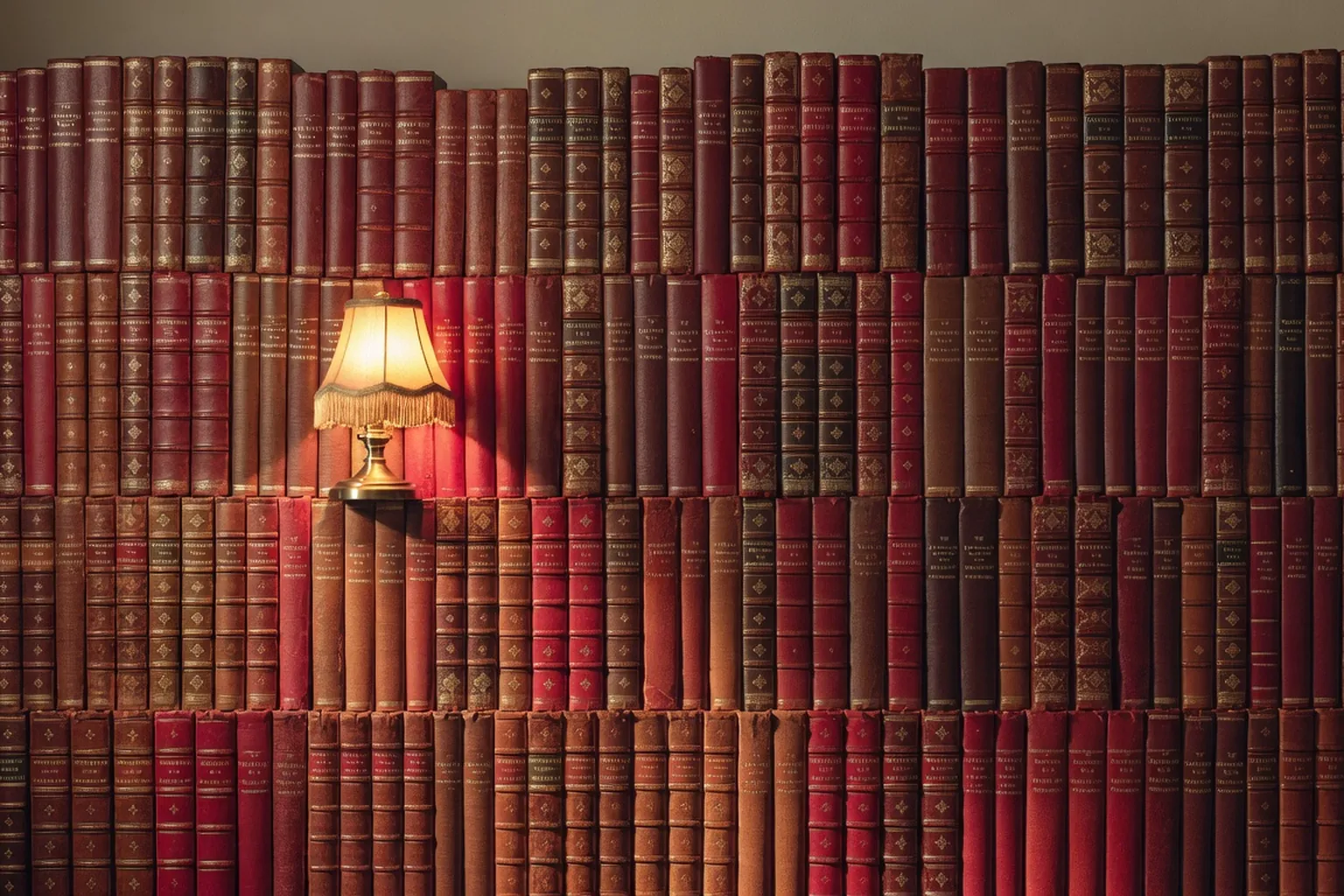 Rayonnages de livres anciens reliés cuir rouge