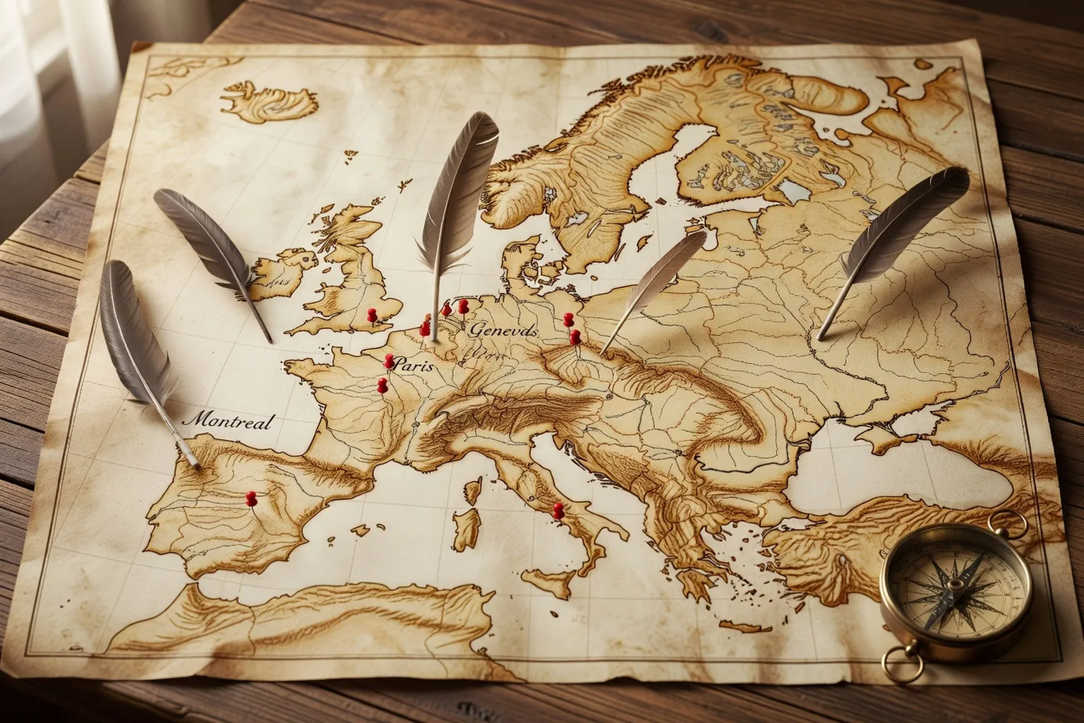 Carte ancienne de l'Europe avec repères littéraires sur Paris, Genève, Bruxelles