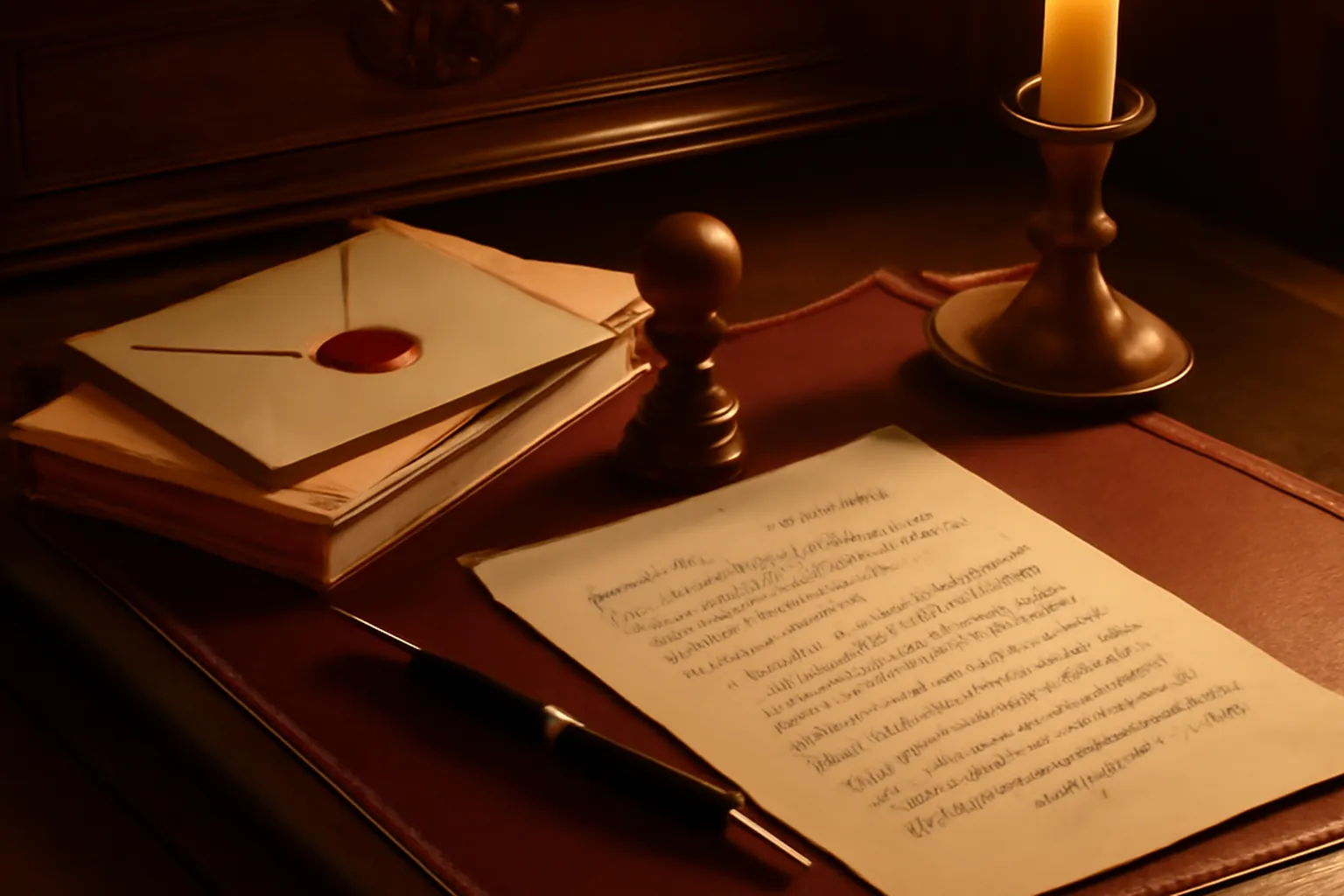 Enveloppes et papier à lettres sur un bureau ancien, plume dorée