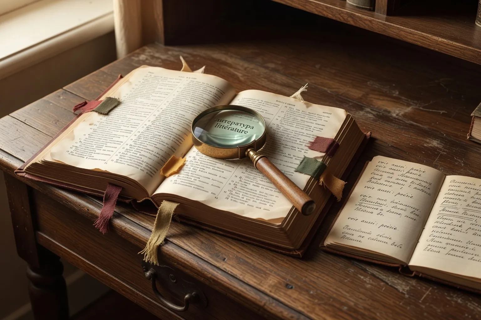 Dictionnaires russe-français ouverts sur un bureau ancien, loupe