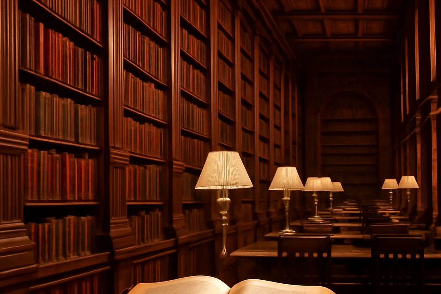 Bibliothèque aux rayonnages de livres reliés cuir rouge, lumière chaude