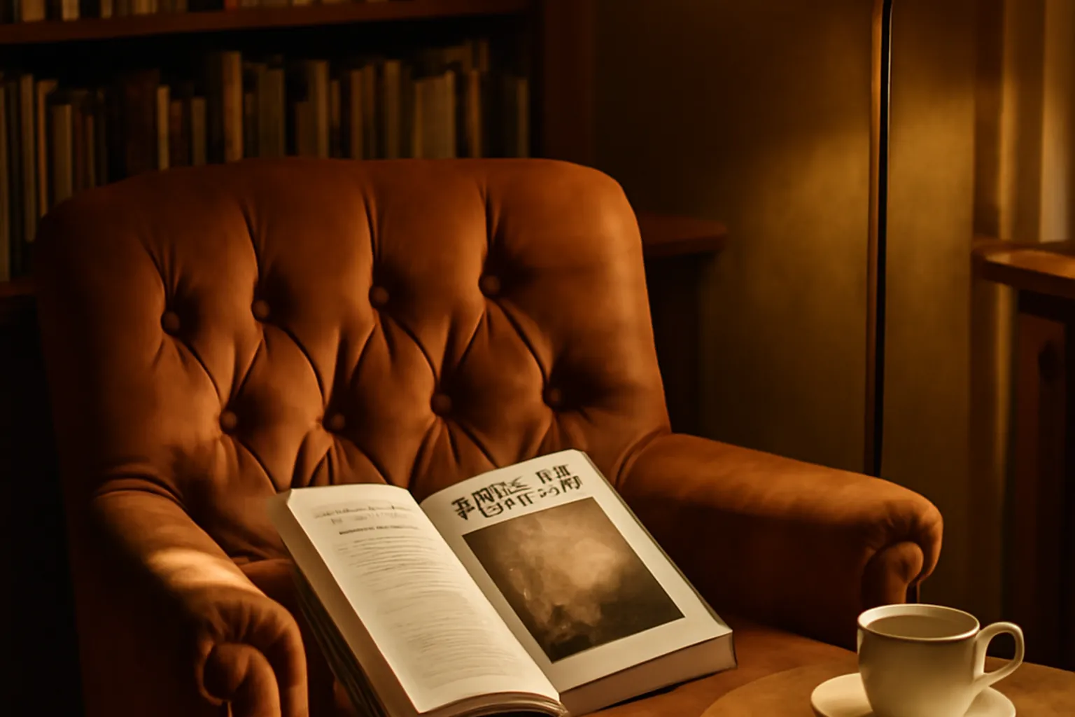 Bureau de lecture avec chronique ouverte, lampe de bureau et livres