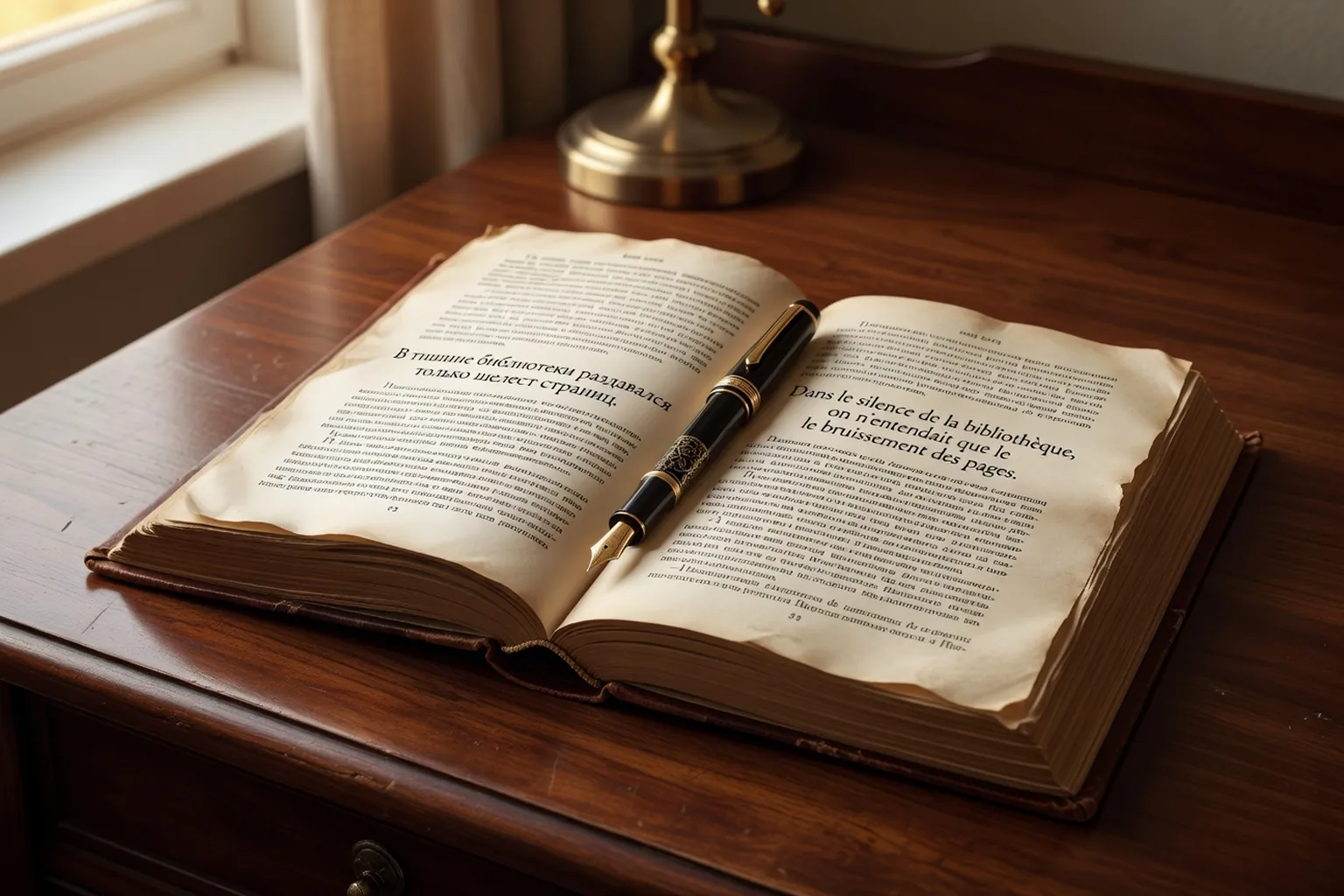 Livre ouvert sur Pouchkine en cyrillique et sa traduction française, stylo plume