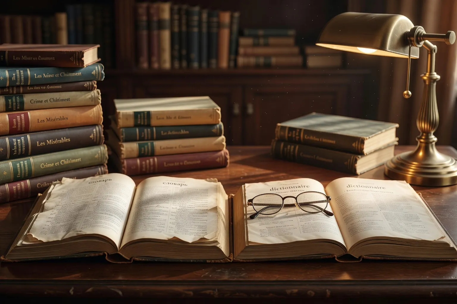 Bureau de traducteur avec dictionnaires russes et français, stylo plume