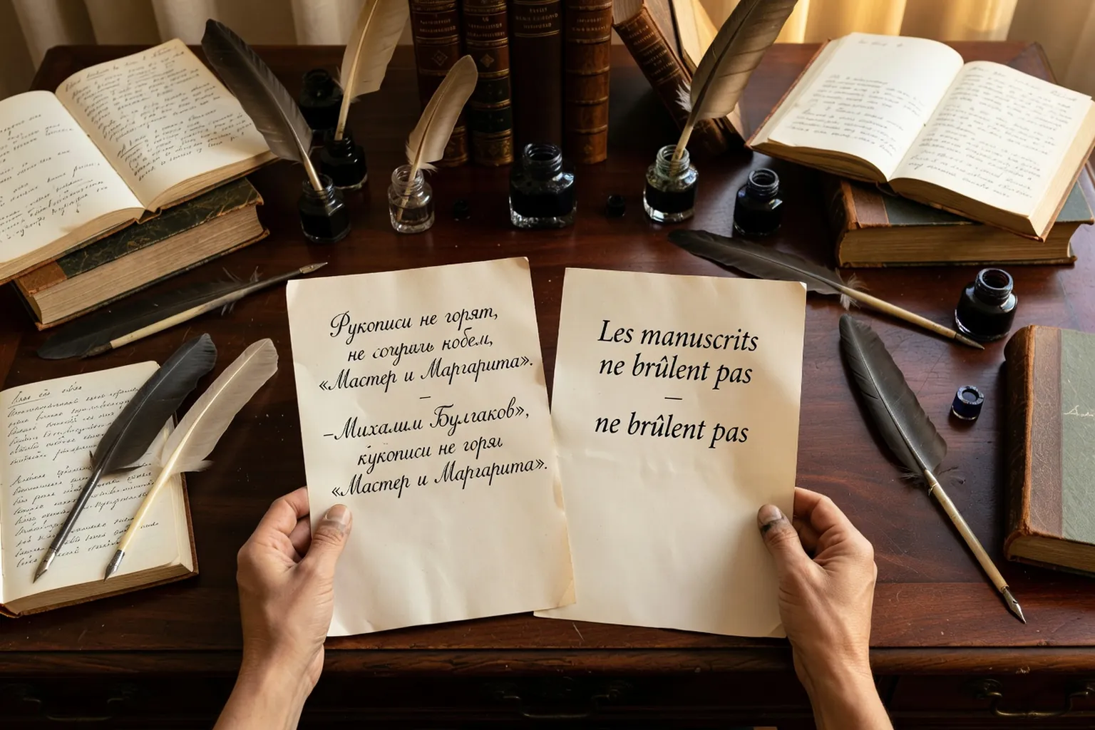 Bureau d'écriture avec encriers, plumes et livres reliés